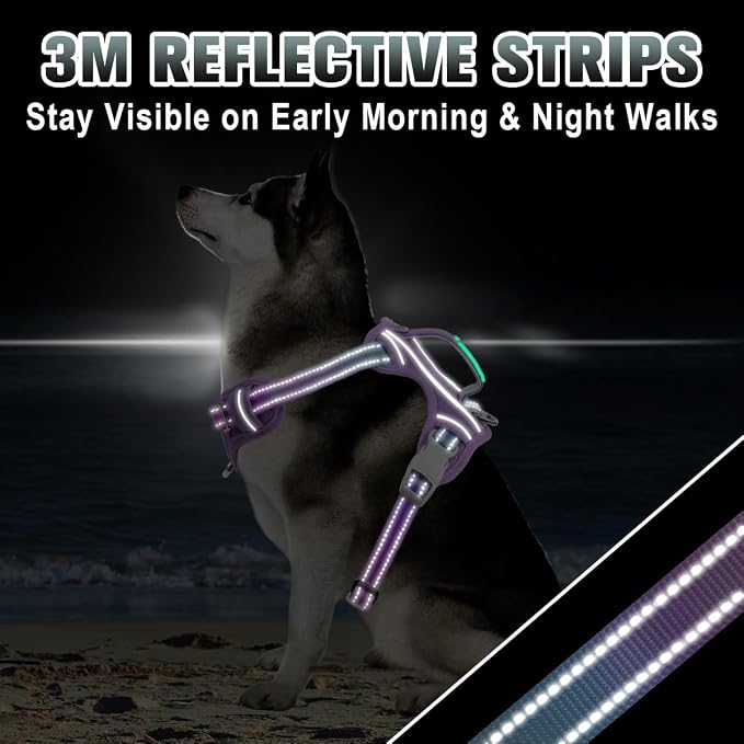 BARKBAY No Pull Dog Harness Large Reflective Dog Harness with Front Clip and Easy Control Handle for Walking Training Running with ID tag Pocket(Lavender Sky,M)