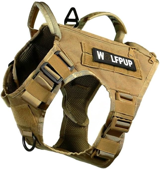 WOLFpak Tactical Dog Vest Harness No Pull Breathable MOLLE(Khaki, Large) | Dual Grab Handles, 1000D Nylon, Four-Point Adjustment, MOLLE Attachment Panels, Three Storage Pockets, Metal Alloy Buckles