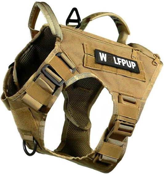 WOLFpak Tactical Dog Vest Harness No Pull Breathable MOLLE(Khaki, Large) | Dual Grab Handles, 1000D Nylon, Four-Point Adjustment, MOLLE Attachment Panels, Three Storage Pockets, Metal Alloy Buckles