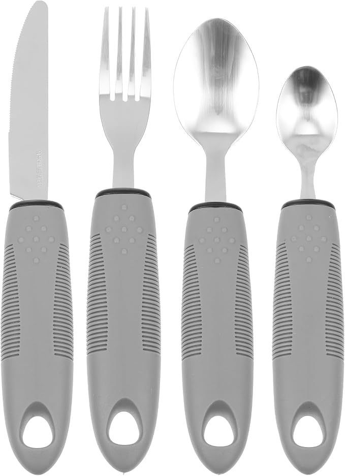 Adaptive Utensils for Elderly Adults Non-Weighted Built-up Handle Tableware Set Includes Fork Spoon Cutter Supports Arthritis Hand Tremors Easy Clean 8.85 Inch
