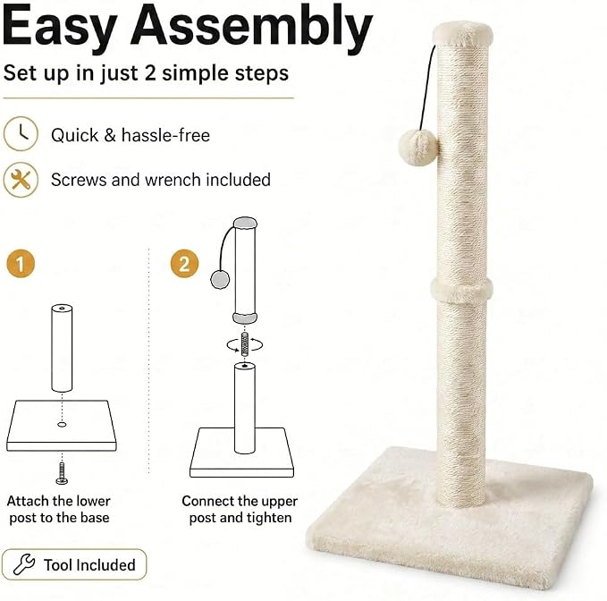 Dimaka 34" Height Tall Cat Scratching Post, Claw Scratcher with Sisal Rope and Covered with Soft Smooth Plush, Vertical Scratch [Full Strectch] Cats (Beige, 34 inches for Large Cats)