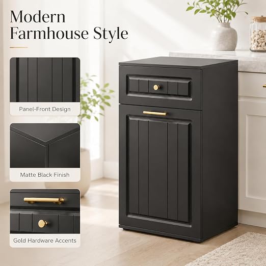 13 Gallon Pull Out Trash Can Cabinet with Drawer | Hidden Wooden Garbage Cabinet for Kitchen, Freestanding Modern Farmhouse Waste Bin Holder, Black