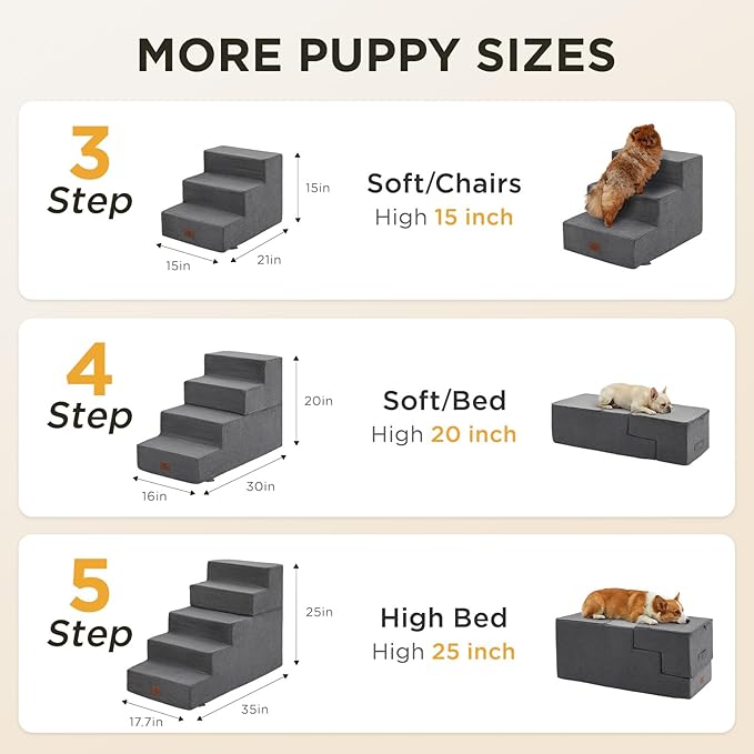 Joydeco Dog Stairs for Bed 15" H, 3-Step Pet Steps for Small Dogs and Cats, Dog Steps for High Bed, Non-Slip Balanced Ramp Indoor Pet Stairs, Gray
