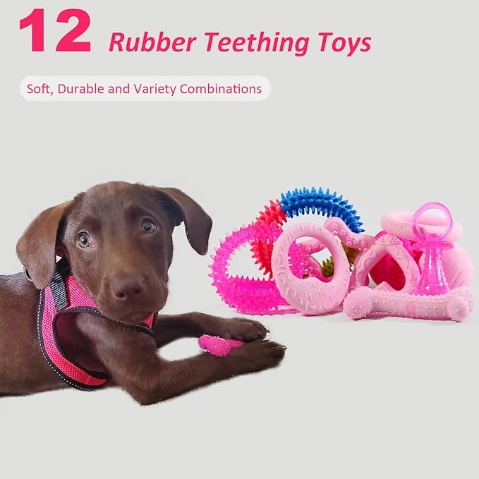 PawsAion Puppy Toys Set - 20 Pack Pink Dog Chew Toys for Teething Small Breeds - Tough Rope Toys for Puppies, Cute Soft Rubber Toys Bundle with Basket for Girl Pets