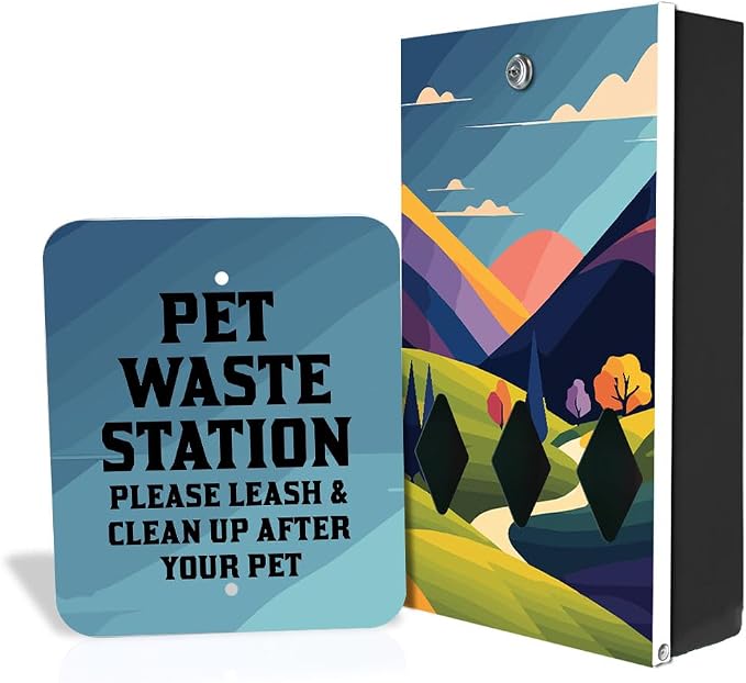 Zero Waste USA - DISPENSE-ART™ Mini Dog Waste Station - Countryside | UV-printed aluminum bag station with 400 bags, 25% larger dispenser, installs beside existing trash cans, 10-year warranty
