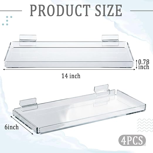 Yalikop 4 Pcs Slatwall Shelves Clear Acrylic Slatwall Shelves Organizer Wall Mounted Hanging Accessories Plastic Panel Display Shelf for Retail Store Boutique Garage Home(Fenced Style,14 x 6 Inch)