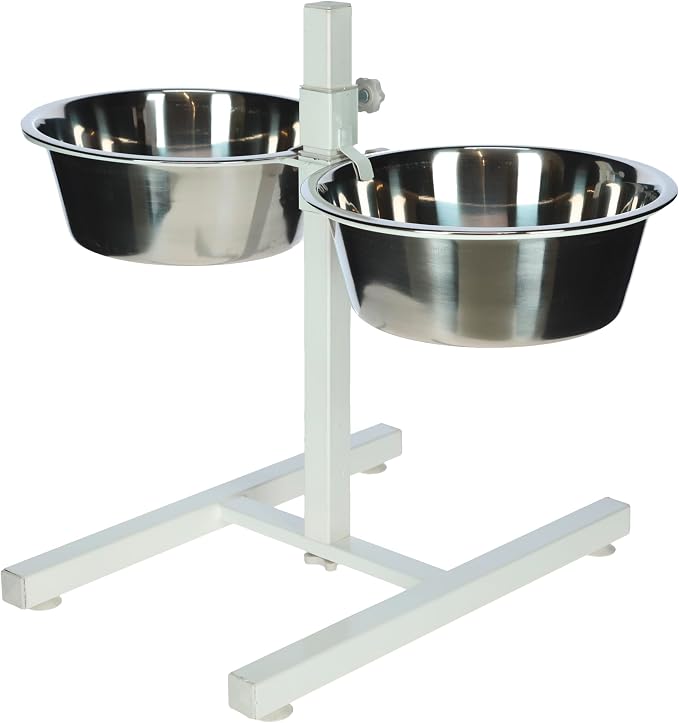 Kerbl Pet Food Bar with Stainless Steel Bowls, Fully Adjustable Dog Bowl, 2 x 2800 ml, Height 43 cm, White