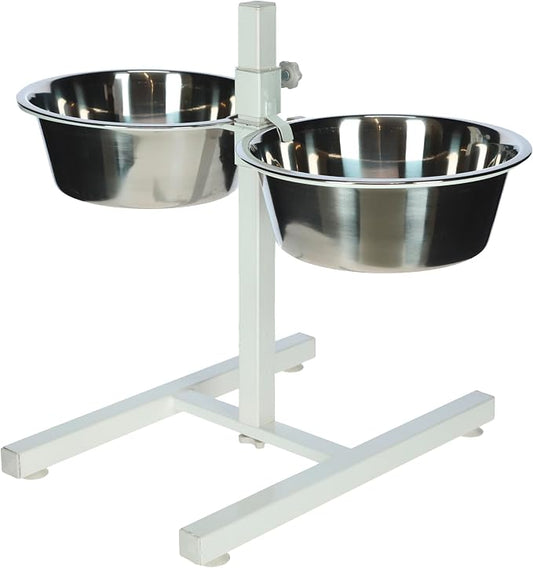 Kerbl Pet Food Bar with Stainless Steel Bowls, Fully Adjustable Dog Bowl, 2 x 2800 ml, Height 43 cm, White
