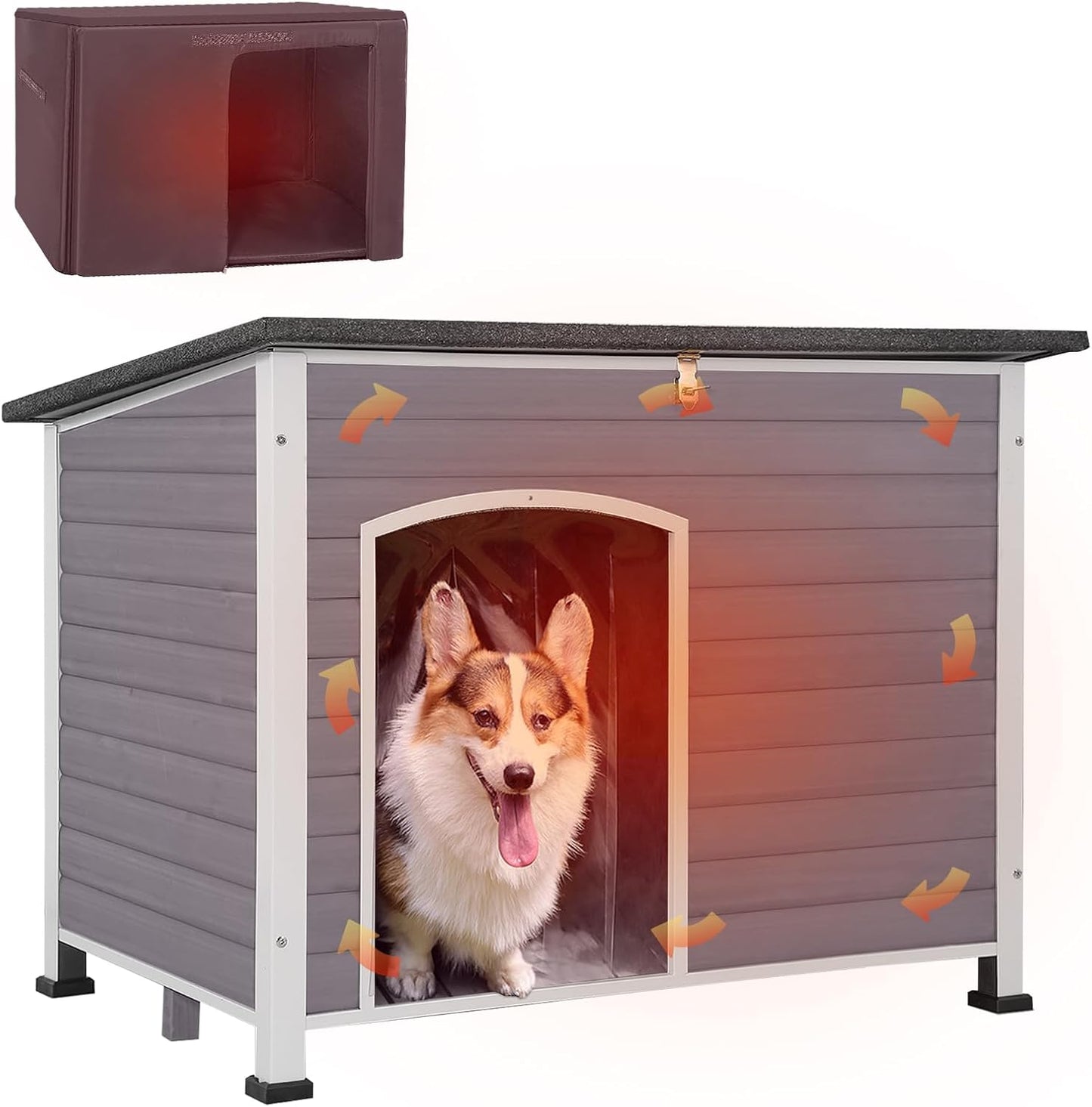 GUTINNEEN Dog House Insulated Outdoor Dog Kennel with Liner for Winter Large(Grey and White)