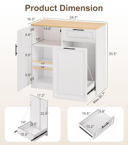 ZIFTY Pull Out Trash Can Cabinet with Storage, 13 Gallon Trash Can, White | Pet Proof, Freestanding Kitchen Cabinet, Drawer & Adjustable Shelf, Garbage Recycling, Modern Farmhouse Waste Bin Furniture