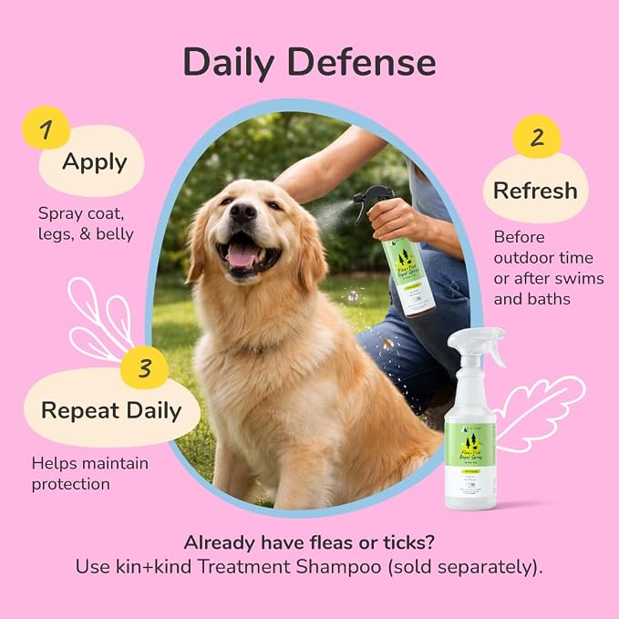 kin+kind Natural Flea and Tick Prevention for Dogs & Cats, Non-Greasy Coat Spray, Lemongrass, Vet-Formulated, 32 fl oz