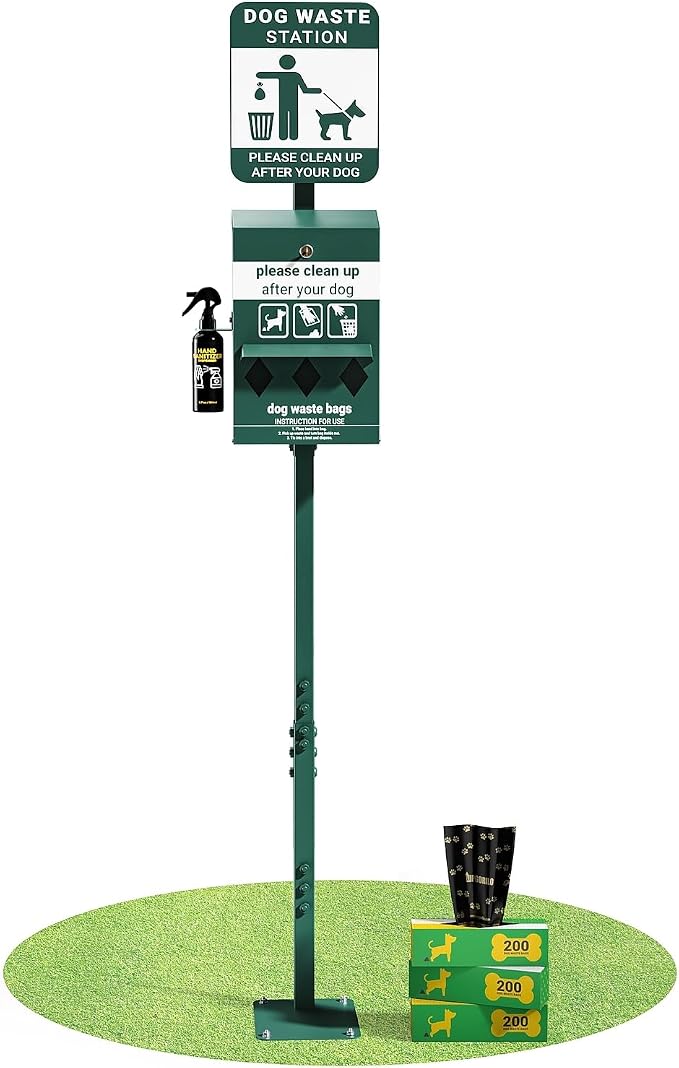 Flash Furniture Mini Pet Waste Station, 600 Bags, Green | Glow in the Dark Sign, Roll Waste Bag Dispenser, Hand Sanitizer