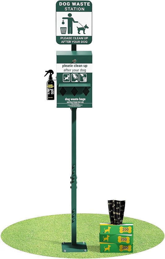 Flash Furniture Mini Pet Waste Station, 600 Bags, Green | Glow in the Dark Sign, Roll Waste Bag Dispenser, Hand Sanitizer