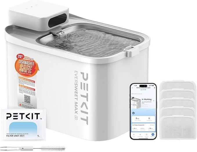 PETKIT EVERSWEET MAX Cordless Cat Water Fountain and 5 pcs Filters Bundle, 101 oz/3L Pet Fountain for Cats Dogs Inside, Automatic Cat Water Dispenser Battery Operated