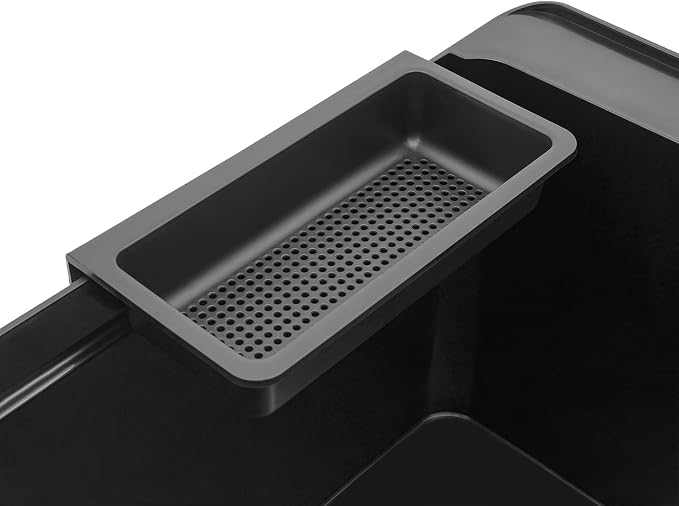 Tall Freestanding Plastic Utility Sink with Hose Hook Up Black | 360° Rotating Hot and Cold Faucet, Built-in Soap Box and Soap Dispenser, Bottom Storage Rack, Four Iron Support Feet