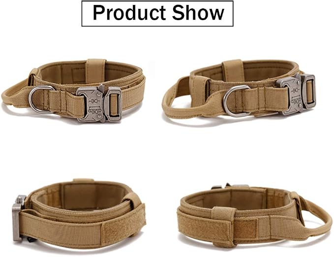 Tactical Dog Collar and Leash Set Tactical Dog Collar with Handle Bungee Leash Adjustable Military Training Nylon Collar Dog Training Collar Leash Set with Control Handleand Metal Buckle （Brown L | 1000D Heavy-Duty Nylon Fabric,Quick-Release Metal Buck...