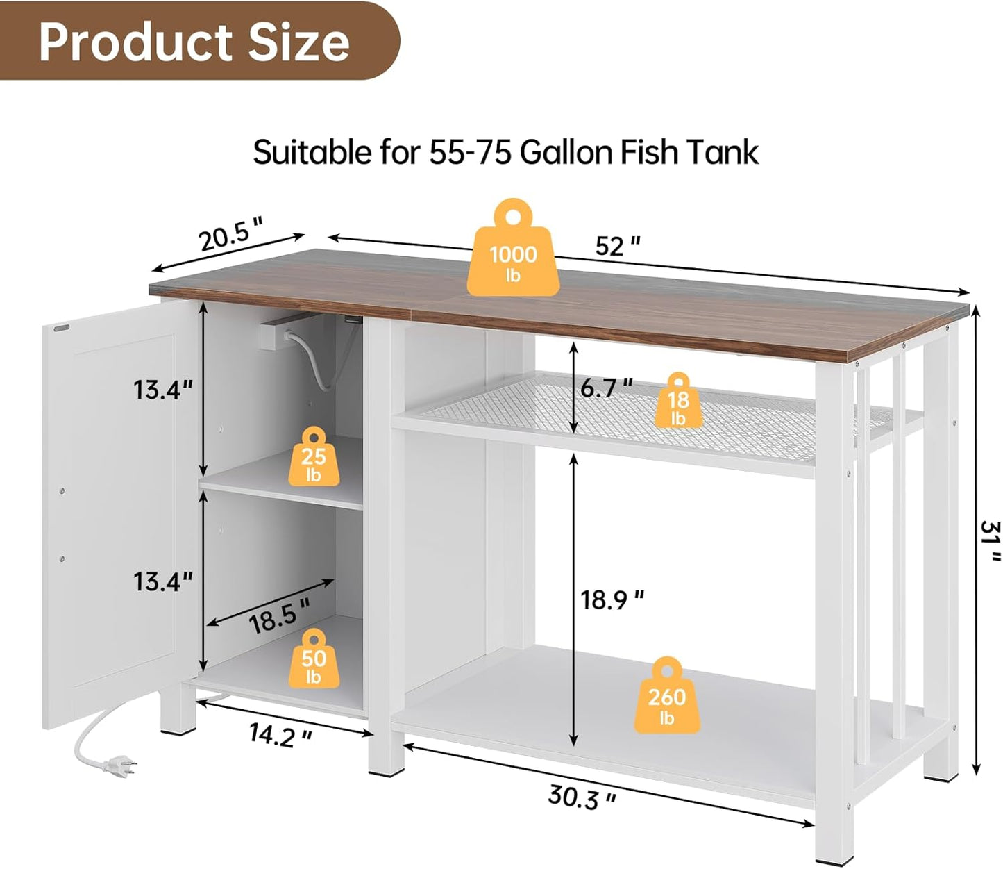 55-75 Gallon Fish Tank Stand with Power Outlet & Adjustable Shelf, Heavy Duty Aquarium Stand with Cabinet Storage for Fish Tank, Turtle Tank, Reptile Terrarium, 1000LBS Capacity, White