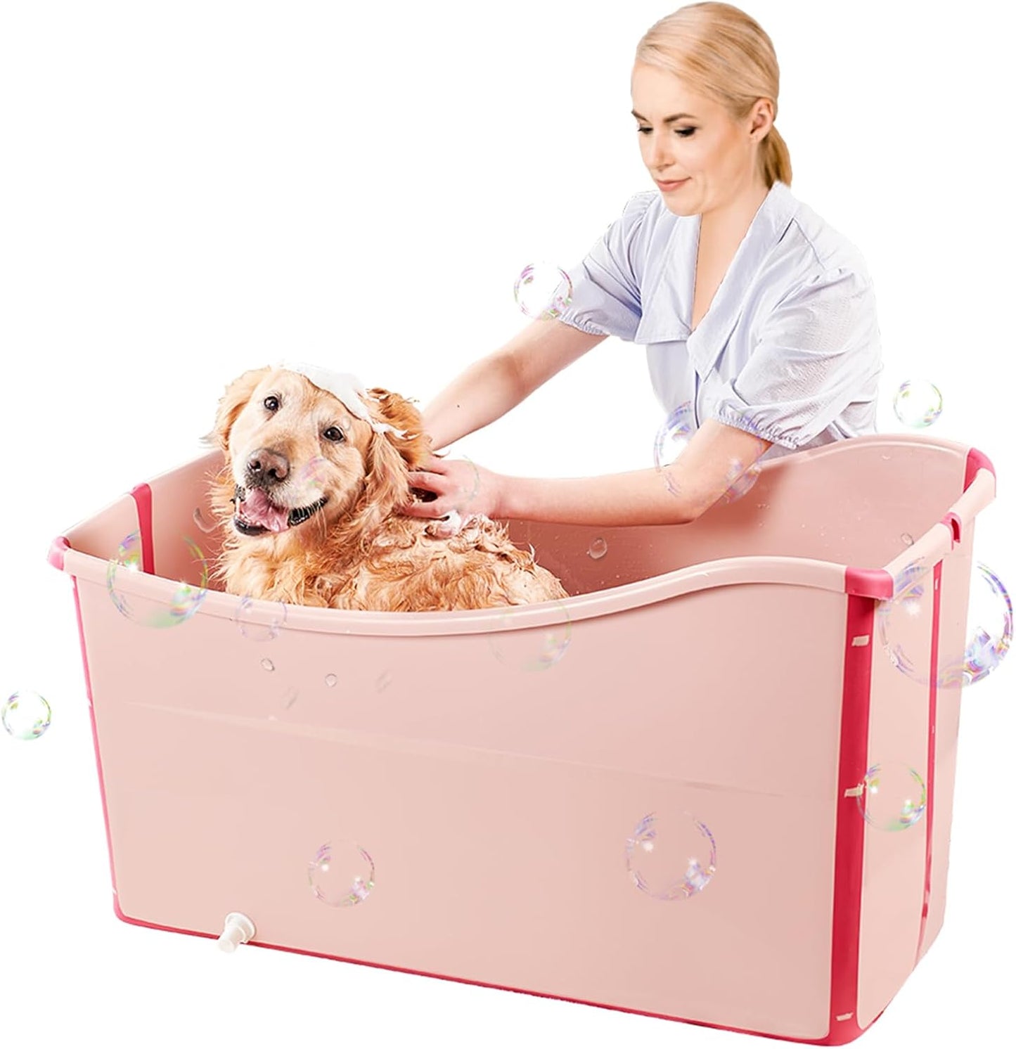 Portable Dog Bathtub for Large Dogs - 48.4Gal Foldable Pet Wash Station with Drain Plug, Insulated & Non-Slip Design for Indoor/Outdoor Bathing, Grooming, Camping（Pink）