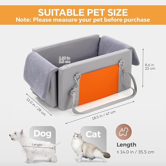 Avont Dog Car Seat for Small Dogs, Anti-Anxiety Center Console Booster Seat with Safety Straps, Soft Padded Travel Seat for Small Dogs & Cats up to 8 lbs -Light Grey