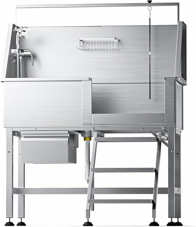 46" Dog Washing Station, Leak-Proof 304 Stainless Steel Dog Bathtub with Non-Slip Removable Left Stair & Storage Drawer, Elevated Pet Wash Station for Large Dogs, Indoor & Outdoor Use (Right Stair)