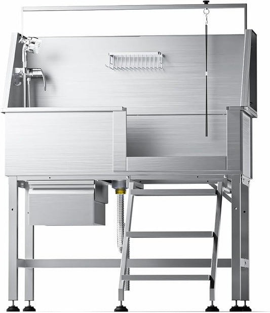 46" Dog Washing Station, Leak-Proof 304 Stainless Steel Dog Bathtub with Non-Slip Removable Left Ramp & Storage Drawer, Elevated Pet Wash Station for Large Dogs, Garage & Outdoor Use (Right Stair)