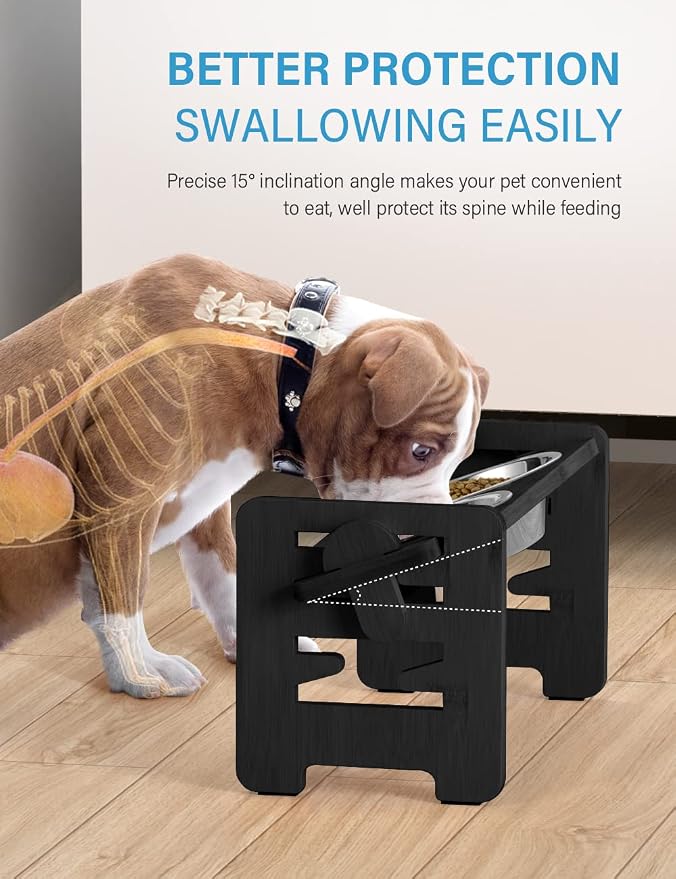 Elevated Dog Bowls, Raised Dog Bowl Stand Adjustable Small, Black | Bamboo Elevated Feeder with 2 Stainless Steel Bowls, Adjustable Height Stand for Small Puppies and Cats