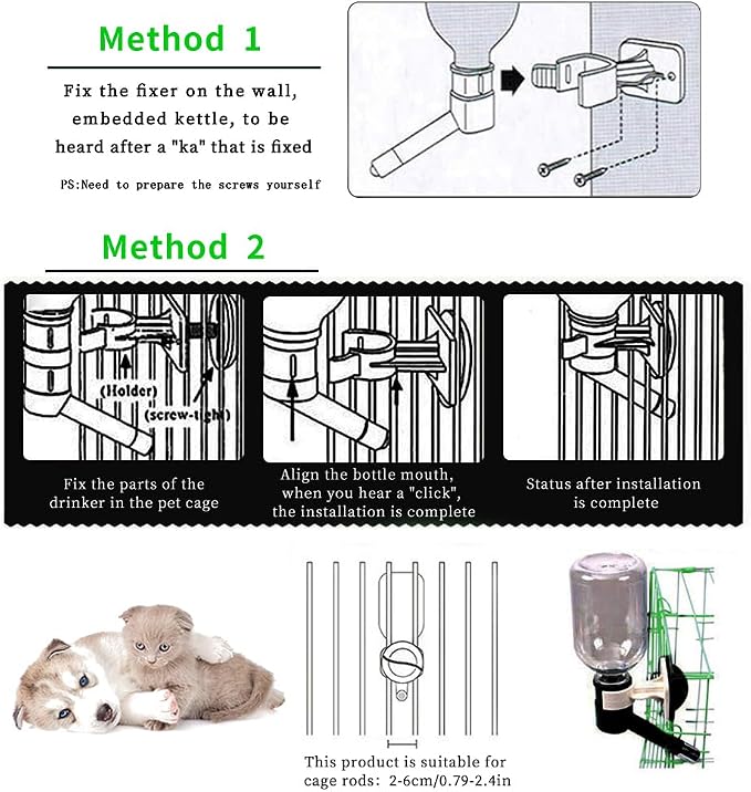 Andiker No-Drip Dog Water Dispenser Bottle-Dog Kennel Cage Water Dispenser Water Drinker Kettle for Pets can be Raised and Lowered Drinking Water Feeding Cage Water Bottle for Dogs (Black)