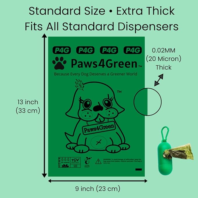 Paws4Green 100% Certified Home Compostable Poop Bags (270 Count 18 Rolls), Plant Based, Extra Thick (20 Micron) Leak Proof, Unscented Standard Size 9 X 13'', ASTM D6400 & EN 13432 Compliant