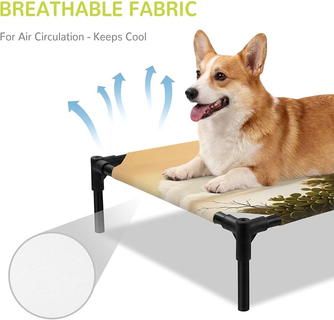 Outdoor Elevated Dog Bed for Large Dogs, Windmill Breathable Cooling Raised Dog Cot for Indoor/Outdoor, Sunset Horizon Farmhouse Trees Waterproof Elevated Pet Beds, L 28 x 22 in