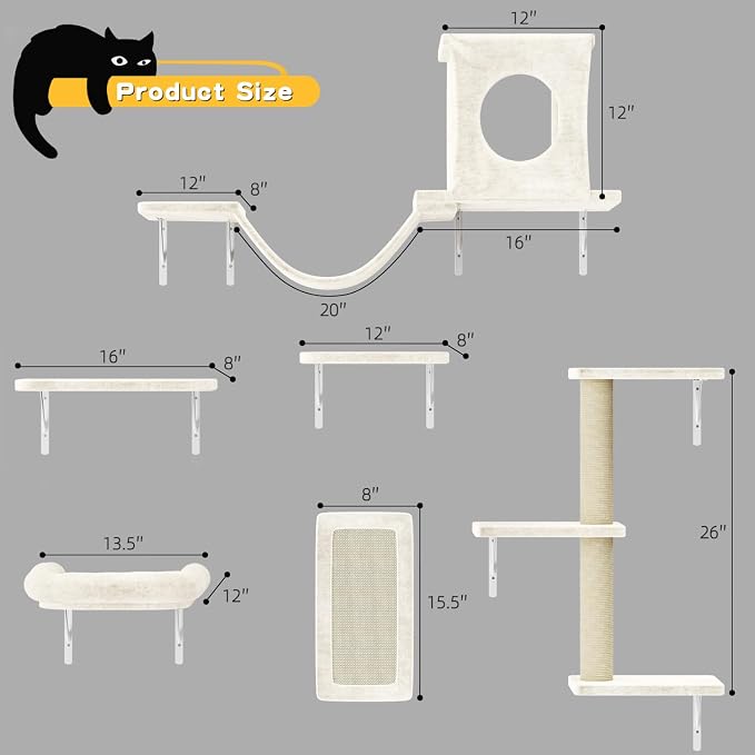 12-in-1 Cat Wall Shelves, Luxury Wall-Mounted Cat Climber Set with Condos House, Scratching Post, Bridge Ladder, Indoor Space-Saving Furniture for Kittens, Beige