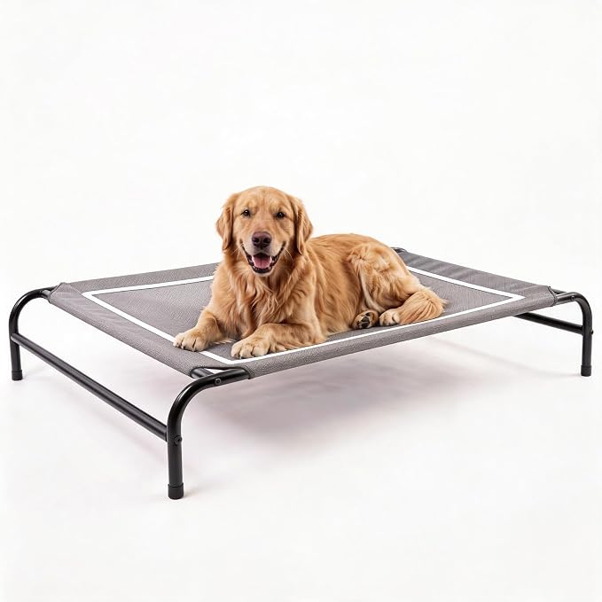 MICOOYO Outdoor Dog Bed, Elevated Dog Bed Raised Dogs Bed with Breathable & Washable Mesh, No-Slip Feet, Easy Clean, Chew Proof, Portable Dog Cot for Indoor & Outdoor Use, 43" x 31" x 8", Grey