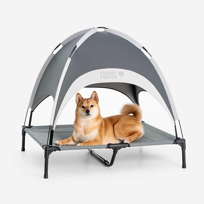 Outdoor Elevated Dog Bed with Canopy for Medium Dog, 36" Grey | Portable Raised Camping Pet Cot Hammock,Breathable Teslin Mesh,Weather Resistant,For Medium Pet Up to 55 lbs,Easy to Assemble