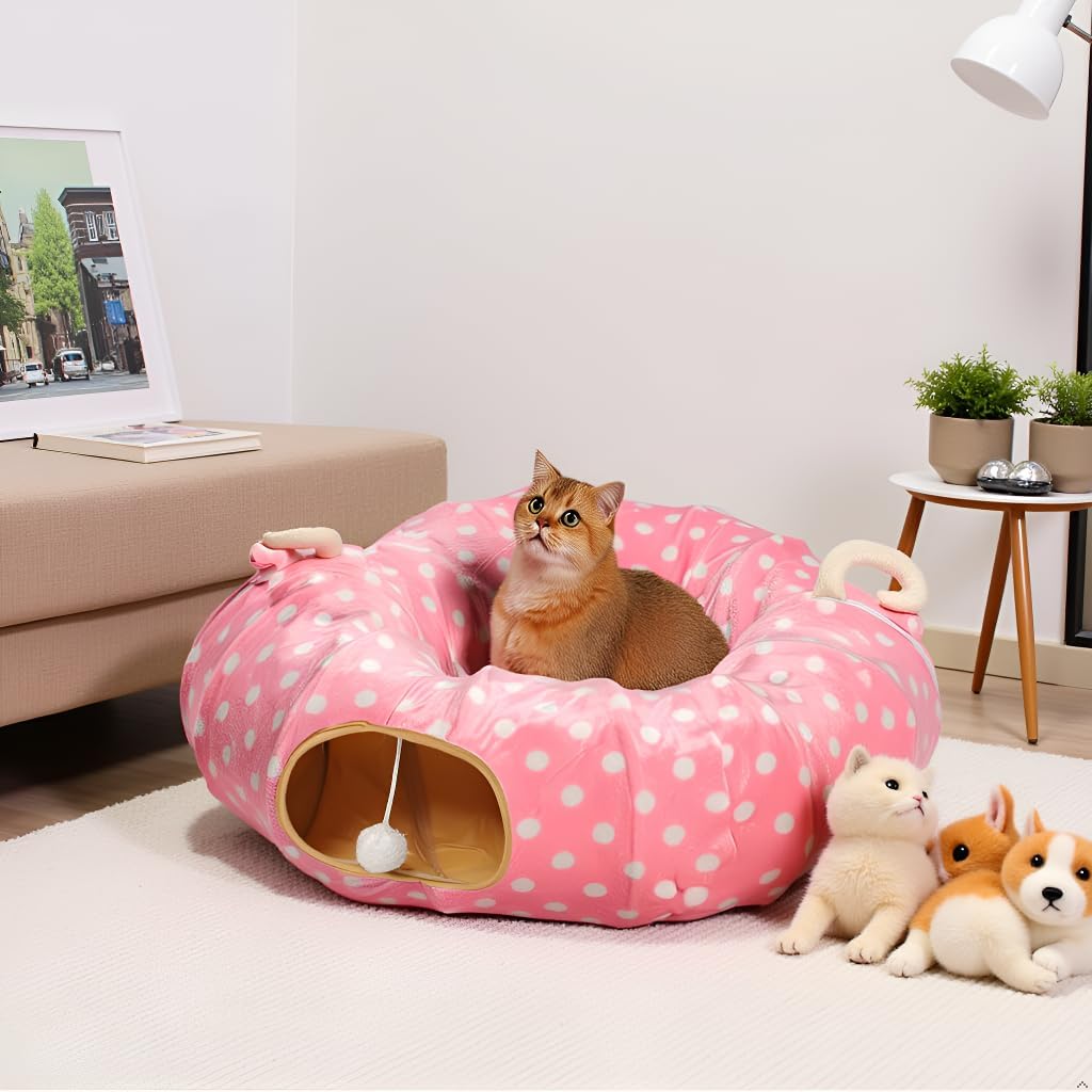 AUOON Cute Cat Donut Tunnel - Round Cat Tunnel Bed with Washable Cushion Interactive Cat Toy for Indoor Cats Kitten Kitty Puppy Rabbit Ferret (Pink)