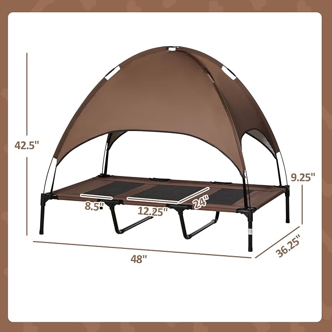 PawHut Elevated Portable Dog Cot Pet Bed with UV Protection Canopy Shade, 48 inch, Coffee | Large Pet Bed, Outdoor Dog Cot, UV Protection Shade, Camping