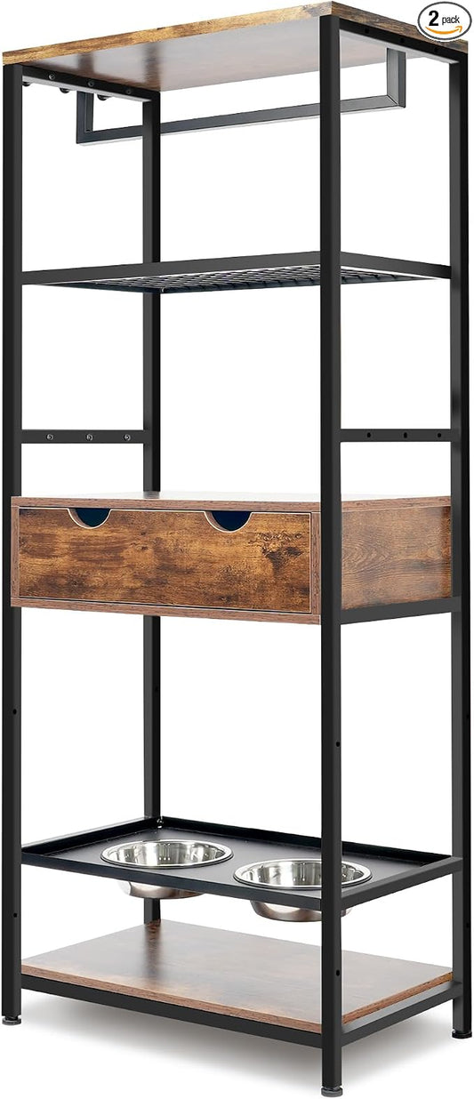Dog Feeding Station Storage Furniture Shelves with Drawer, 3 Levels Height Adjustable Raised Dog Bowls