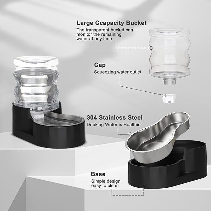 RIZZARI 4L Gravity Cat Water Dispenser:Spill Resistant for Apartments | No Filter Required/Leak-Resistant Design/Easy to Refill,Easy to Clean/Stable Anti-Tip Base/Food-Grade Materials