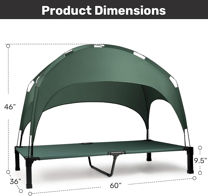 Elevated Dog Bed with Removable Canopy, Sun Protection Shade Tent Dog Cot | Portable Outdoor Dog Bed, Raised Pet Cooling Cot Bed for Dogs, 60in