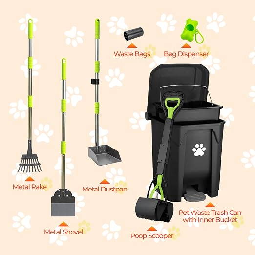 20L Dog Poop Trash Can Outside, Dog Waste Container with Pooper Scooper | Foot-pedal lid, removable inner bucket, metal rake, shovel & dustpan, bone bag dispenser with 5 waste bag rolls for yard.
