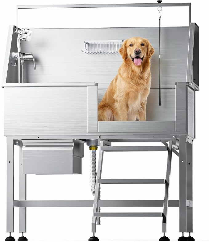 46" Dog Washing Station, 304 Stainless Steel, 440 lb, Side Step | hot cold faucet, fixed sprayer, shampoo dispenser, storage drawer, S-trap, hair filter, garage outdoor grooming