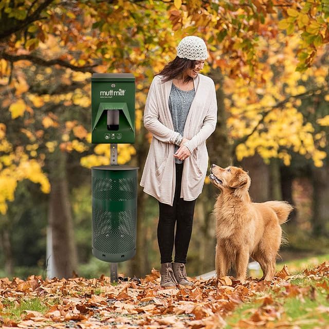 Mutt Mitt® Aluminum Low Profile Dog Waste Station - Gloss Green | Singles | Compact aluminum station with 400 header bags, 25 liners, 12-gal can, locking dispenser, post & hardware included