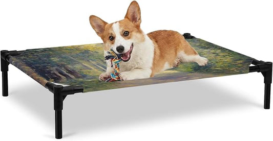 Outdoor Elevated Dog Bed for Large Dogs, Farmhouse Forest Breathable Cooling Raised Dog Cot for Indoor/Outdoor, Pastoral Country Sun Light Trees Waterproof Elevated Pet Beds, L 28 x 22 in