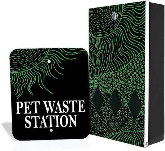 Zero Waste USA - DISPENSE-ART™ Roll Bag Dispenser & Sign - Rolling Hills | UV-printed roll bag dispenser & matching sign, 400 bags, 25% more storage, mounts to walls, posts & fences