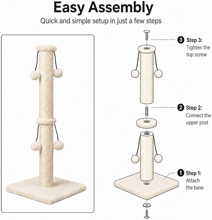 Dimaka 29'' Cat Scratching Post, Natural Sisal Rope Scratch Post with 4 Teasing Toy Balls for Large Cats (Beige)