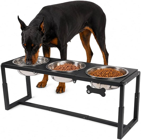 Metal Elevated Dog Bowls, Raised Dog Bowls for Large/Extra-Large Breeds with 3×111oz Stainless Steel Bowls, 3 Adjustable Height Stand for Water & Food, Protect Neck & Joints