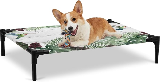 Outdoor Elevated Dog Bed for Large Dogs, Summer Hummingbirds Breathable Cooling Raised Dog Cot for Indoor/Outdoor, Tropical Palm Leaves Farmhouse Wood Waterproof Elevated Pet Beds, L 28 x 22 in