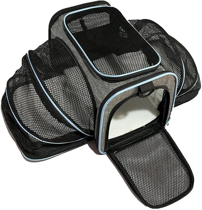 Expandable Cat Carrier Pet Carrier with 2 Extensions,Airline Approved Soft-Sided Portable Dog Travel Washable Carrier for Kittens,Puppies,Removable Soft Plush Mat (Grey Blue, Small)