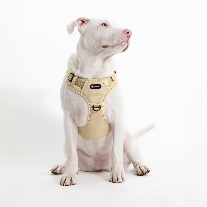 Fei & Eve Classic Dog Harness, MagEase Magnetic Buckle | 3-Point No-Pull Control, Dual Handle Support, 900D Nylon, Tactical Patch Panel, Heavy Duty, Medium, Champagne