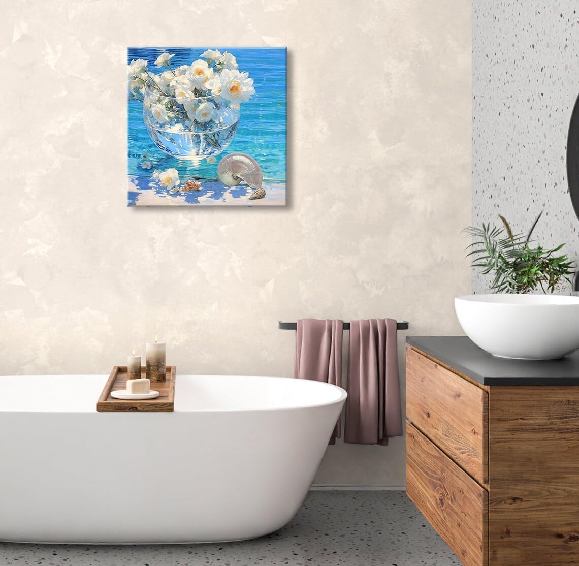 weiyiart Blue Ocean Wall Art Canvas Print Coastal Beach Painting with White Flowers & Shell Oil Painting Seascape Picture Decor for Living Room, Bedroom 24x24 inch