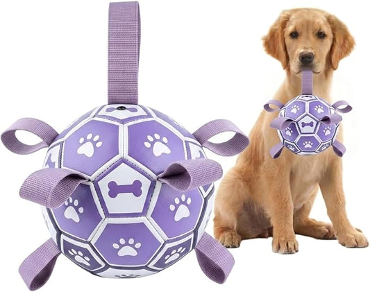 Dog Toys Balls, Dog Soccer Ball with Straps, Dog Birthday Gifts, Durable Balls for Small Medium Pet, Puppy Outdoor Toy, Pet Training Soccer Ball, World Cup Soccer (6 Inch) (Purple, Medium)