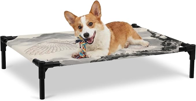 Outdoor Elevated Dog Bed for Large Dogs, Cute Eagle Breathable Cooling Raised Dog Cot for Indoor/Outdoor, Natural Mountain Tree Branches Animals Rustic Waterproof Elevated Pet Beds, L 28 x 22 in